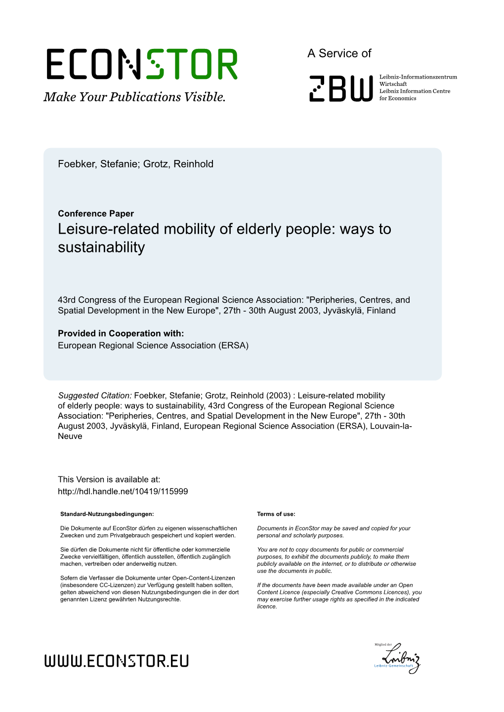 Leisure-Related Mobility of Elderly People: Ways to Sustainability
