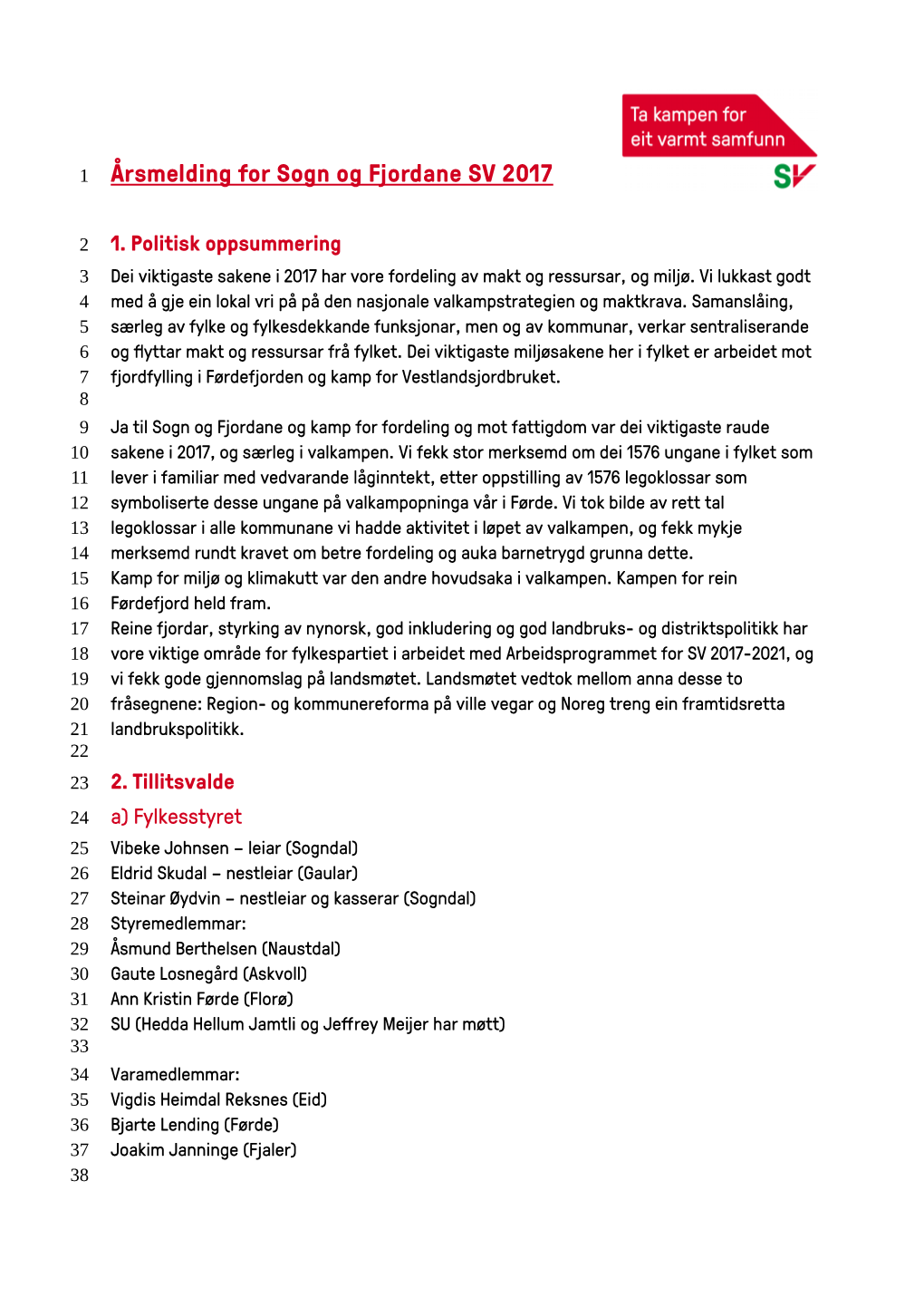 Årsmelding for Sogn Og Fjordane SV 2017