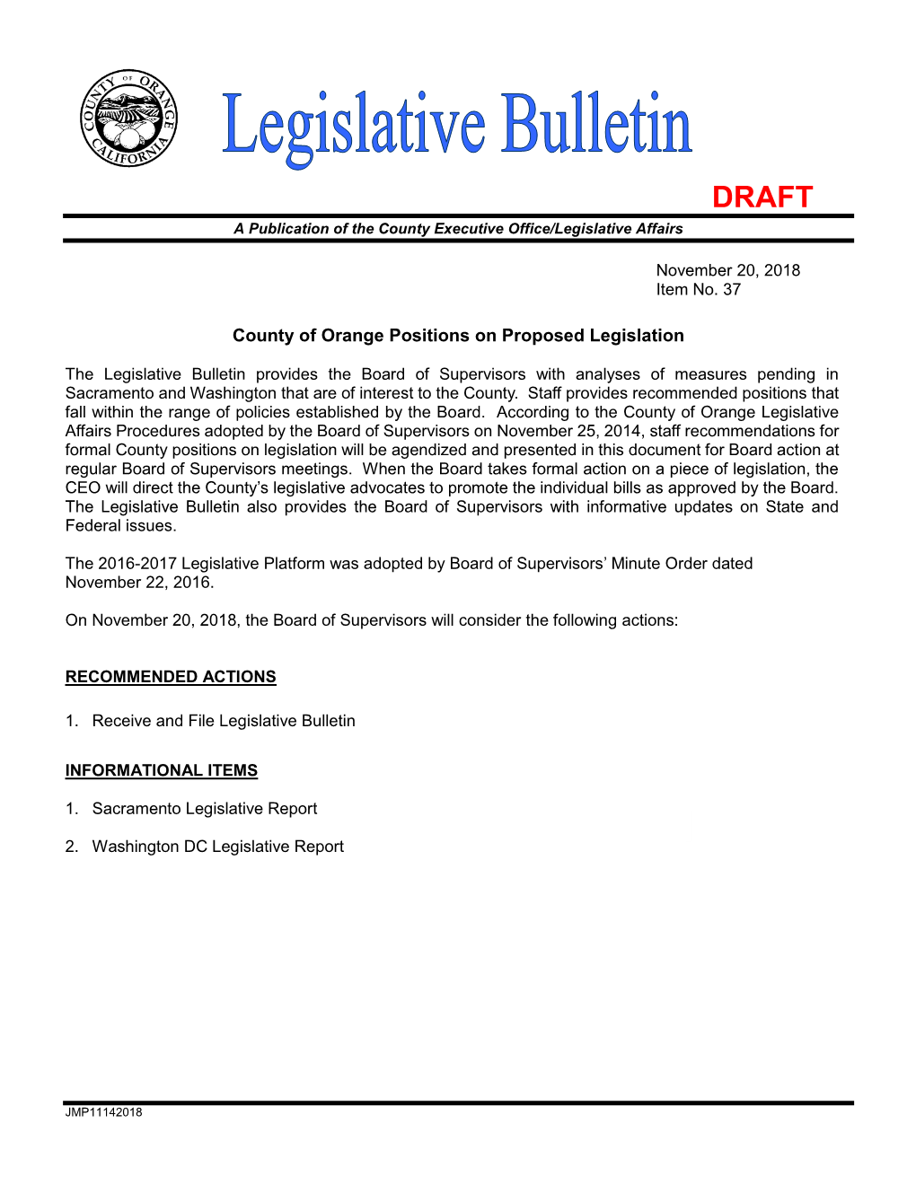 County of Orange Positions on Proposed Legislation