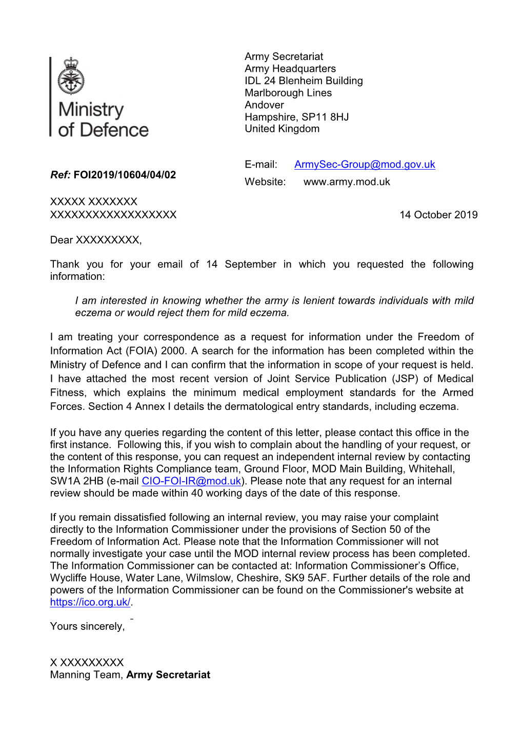 Information Regarding Whether the Army Would Accept Applicants Who Have Eczema