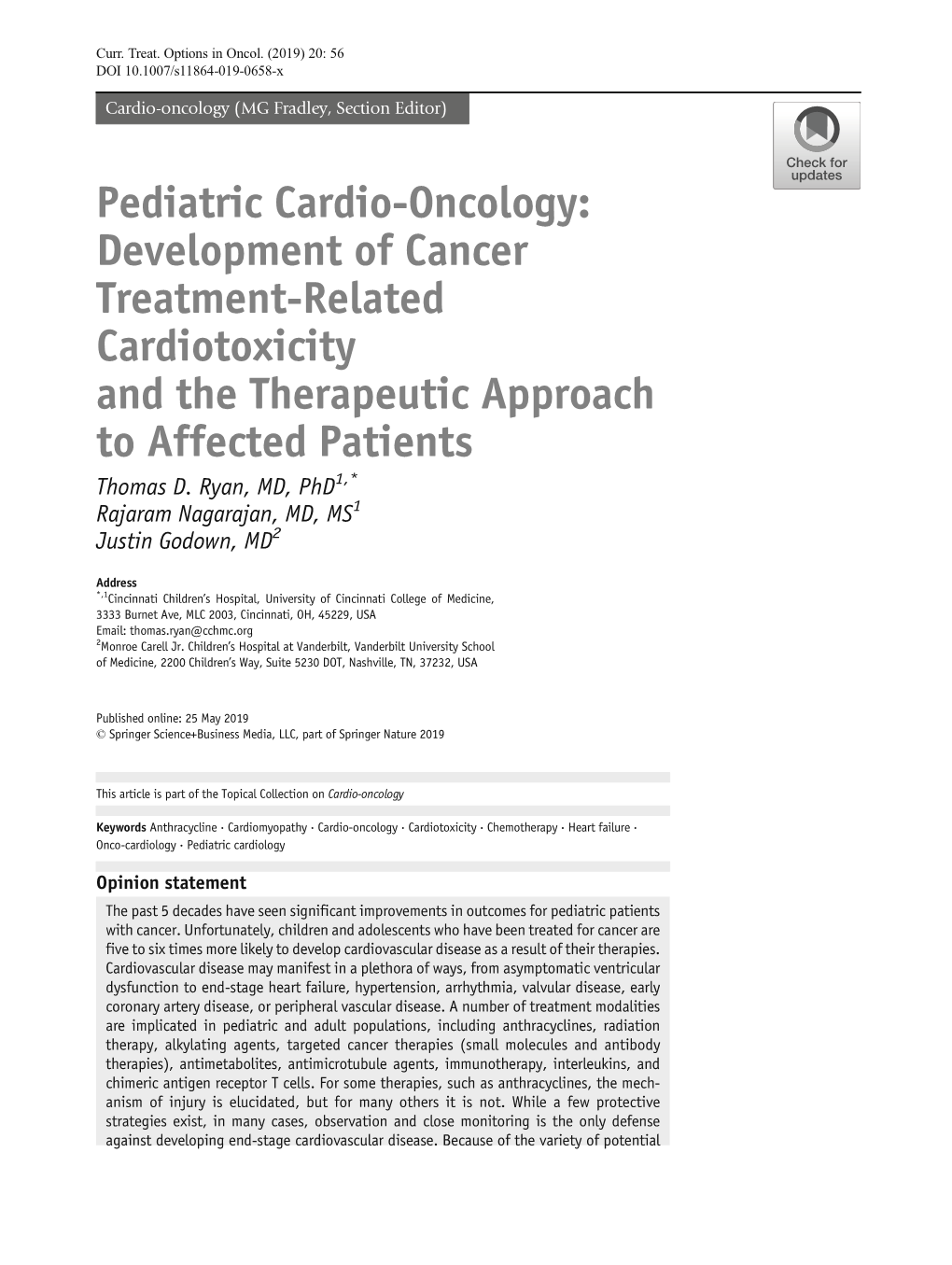 Pediatric Cardio-Oncology: Development of Cancer Treatment-Related Cardiotoxicity and the Therapeutic Approach to Affected Patients Thomas D