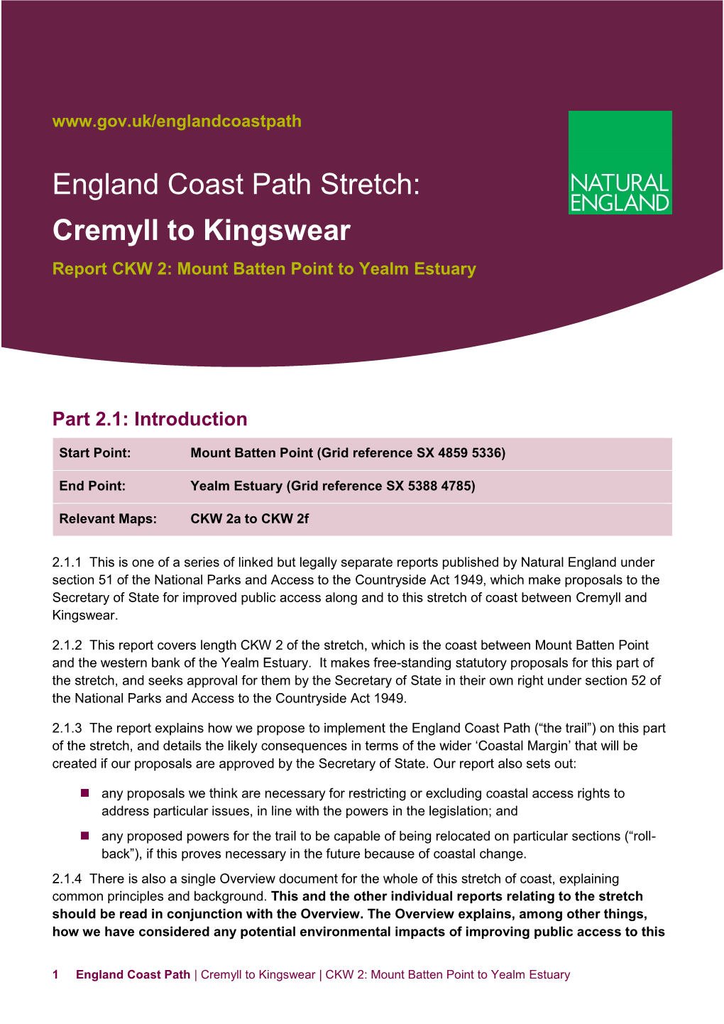 Report CKW 2: Mount Batten Point to Yealm Estuary