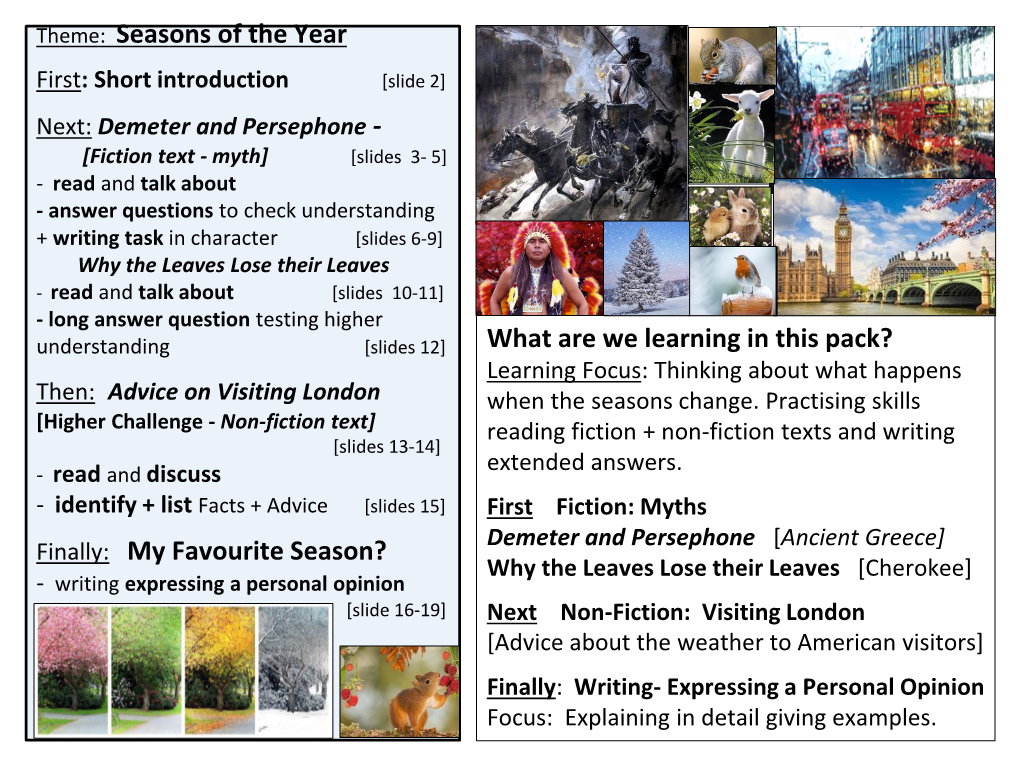 What Are We Learning in This Pack? Theme: Seasons of the Year Finally