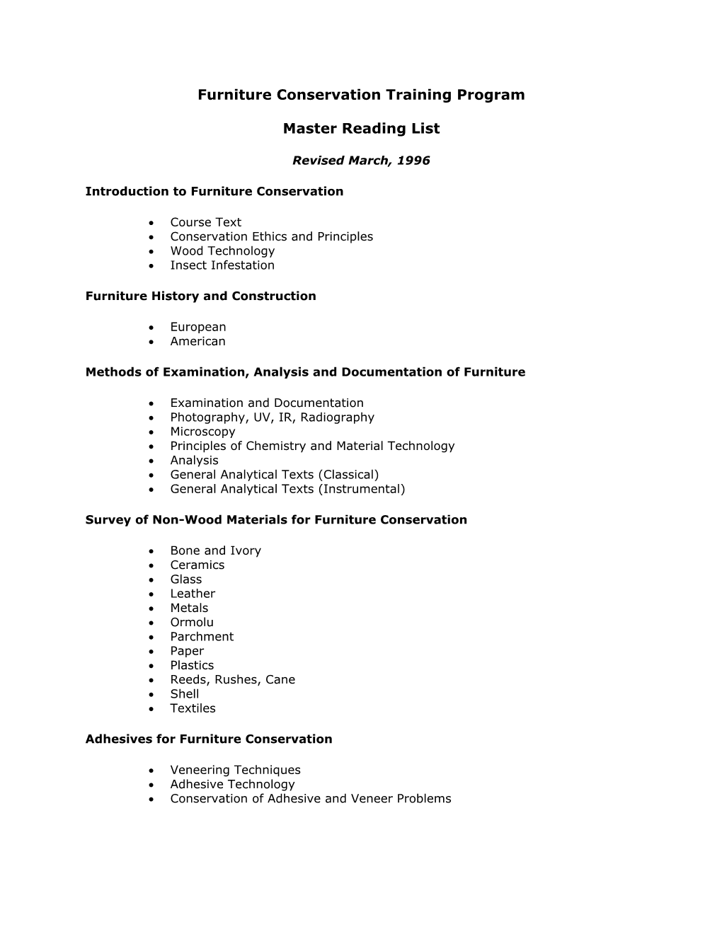 Furniture Conservation Training Program Master Reading List