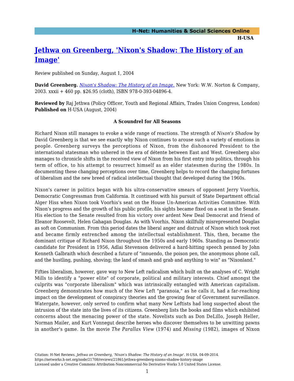 Jethwa on Greenberg, 'Nixon's Shadow: the History of an Image'