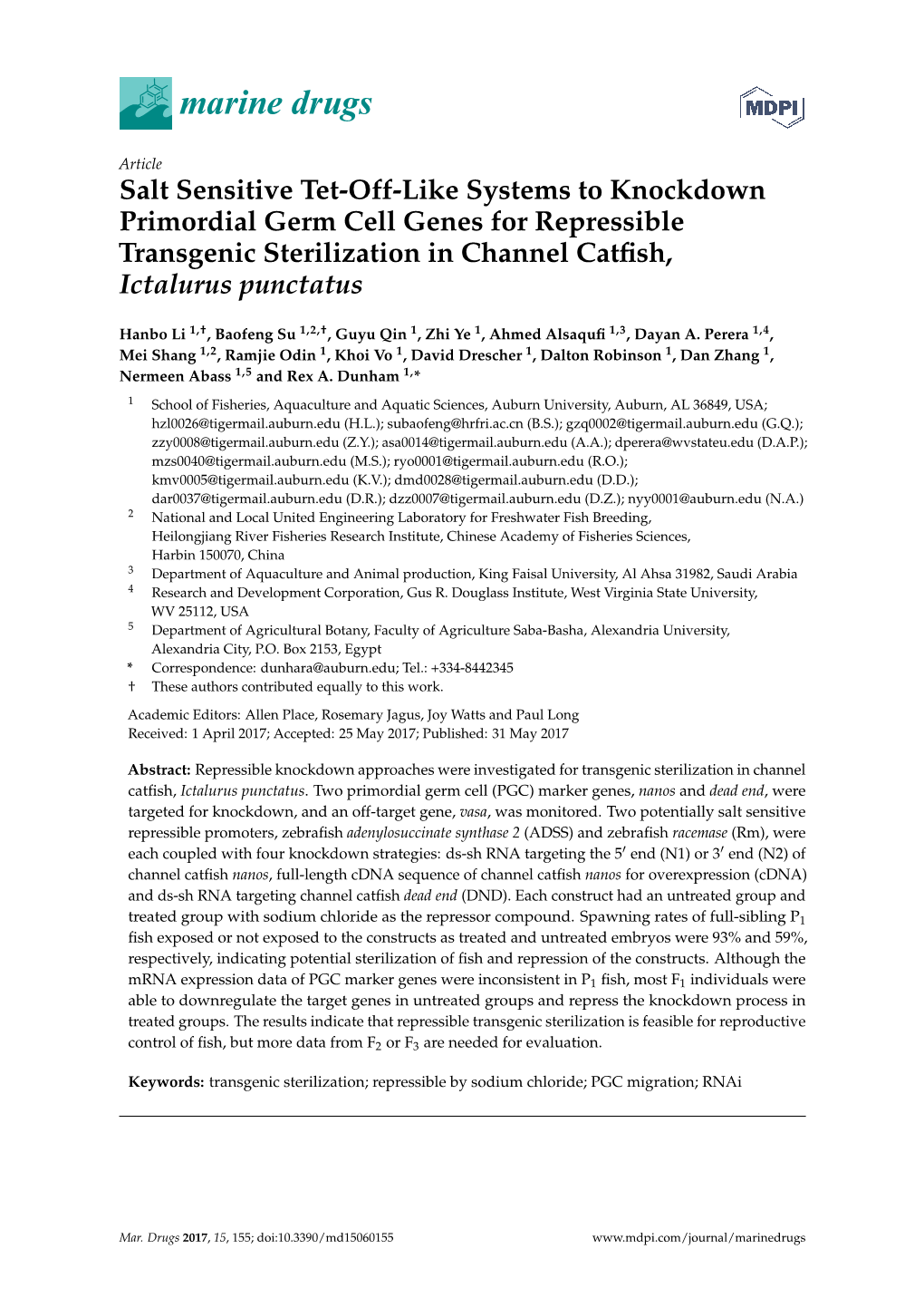 Salt Sensitive Tet-Off-Like Systems to Knockdown Primordial Germ Cell Genes for Repressible Transgenic Sterilization in Channel Catﬁsh, Ictalurus Punctatus