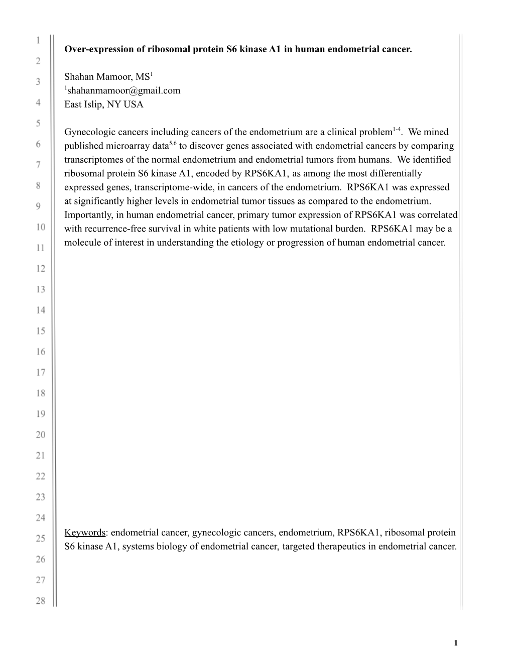 RPS6KA1 Is Over-Expressed in Human Endometrial Cancer