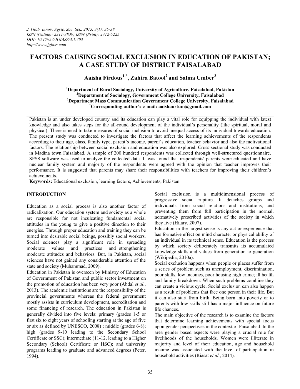 Factors Causing Social Exclusion in Education of Pakistan; a Case Study of District Faisalabad