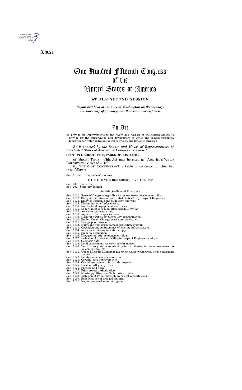 One Hundred Fifteenth Congress of the United States of America