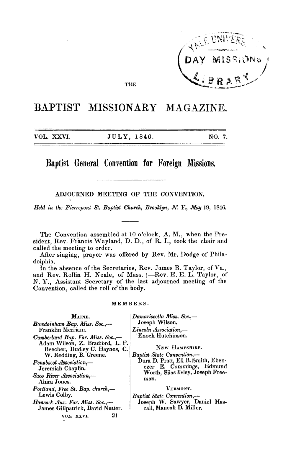 BAPTIST MISSIONARY MAGAZINE. Baptist General Convention for Foreign Missions