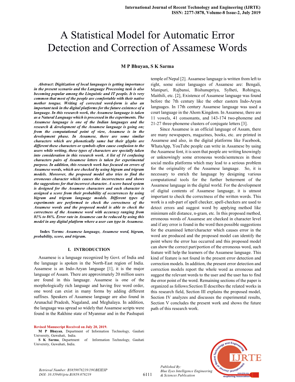 A Statistical Model for Automatic Error Detection and Correction of Assamese Words