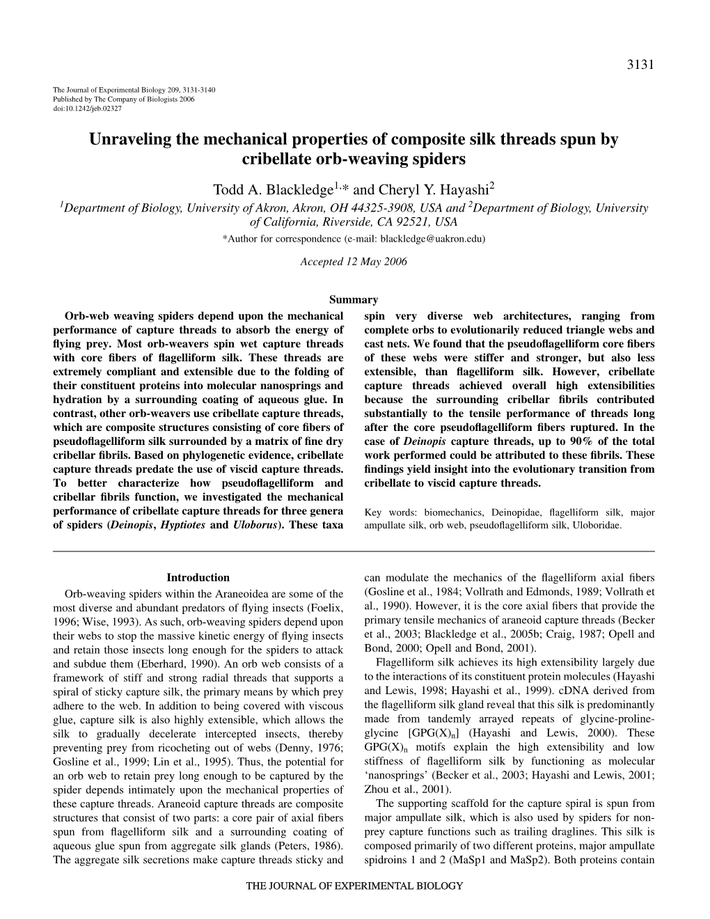 Unraveling the Mechanical Properties of Composite Silk Threads Spun by Cribellate Orb-Weaving Spiders Todd A