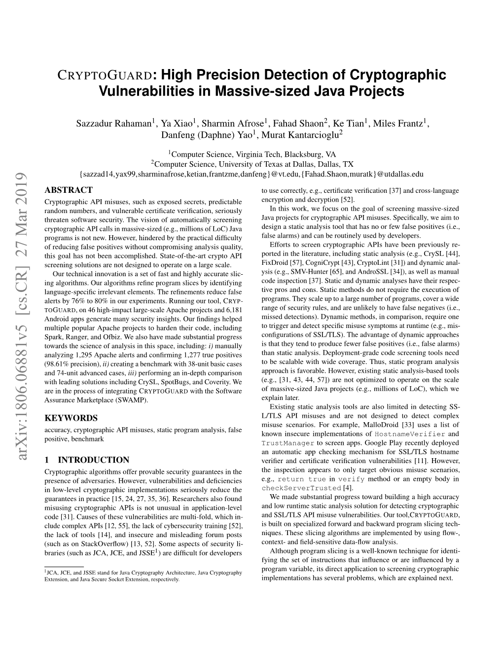 CRYPTOGUARD: High Precision Detection of Cryptographic Vulnerabilities in Massive-Sized Java Projects