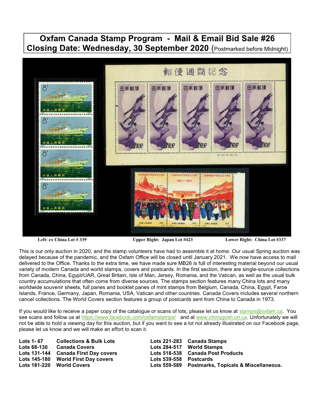 Oxfam Canada Stamp Program - Mail & Email Bid Sale #26 Closing Date: Wednesday, 30 September 2020 (Postmarked Before Midnight)