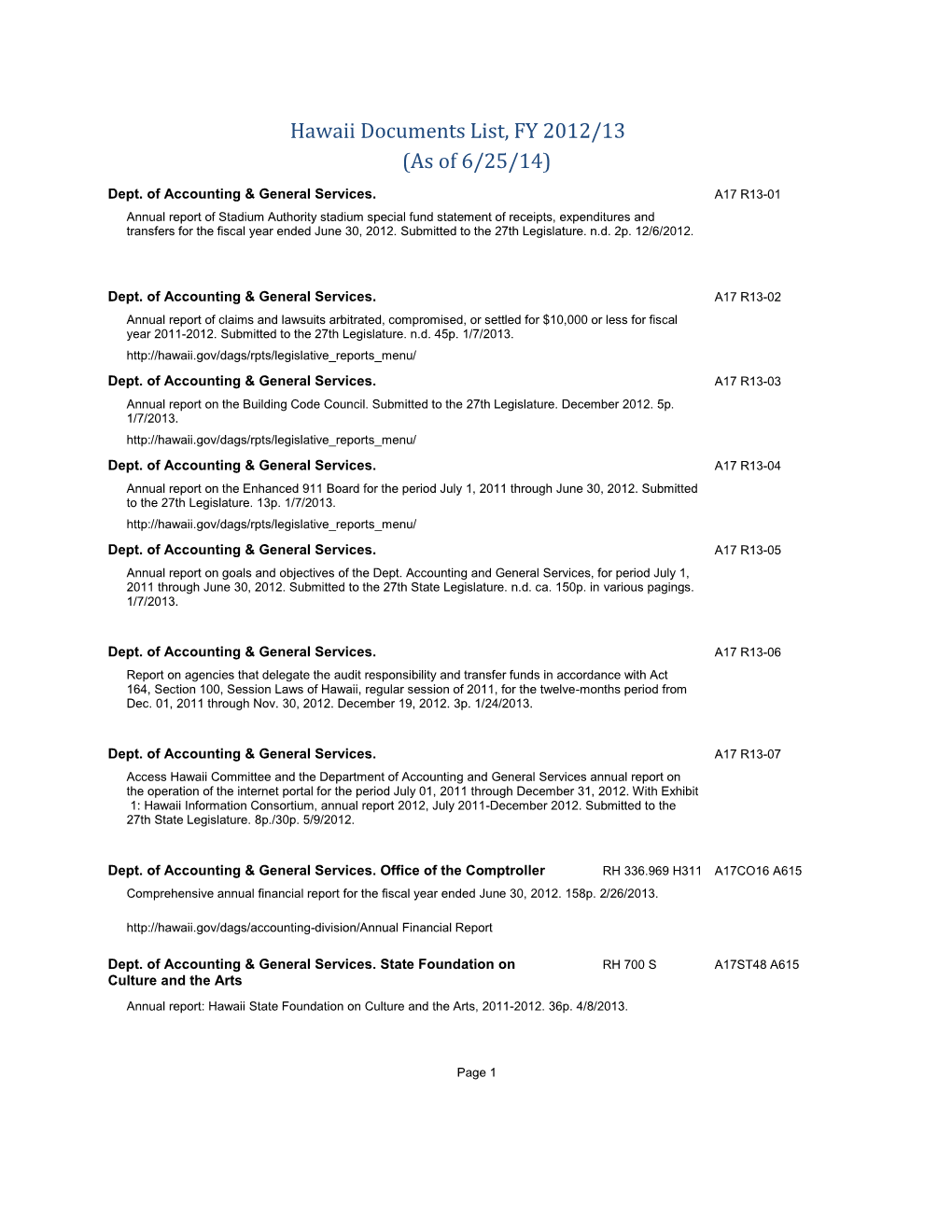 Hawaii Documents List FY 2012 13-Current