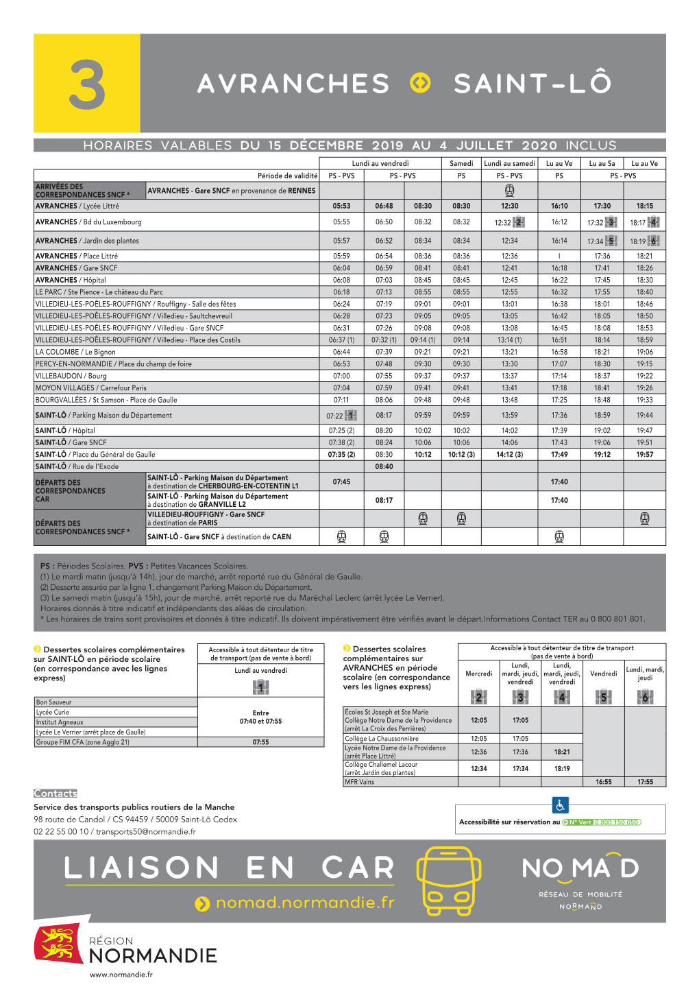 3 Avranches Saint-Lô Horaires Valables Du 15 Décembre 2019 Au 4 Juillet 2020 Inclus