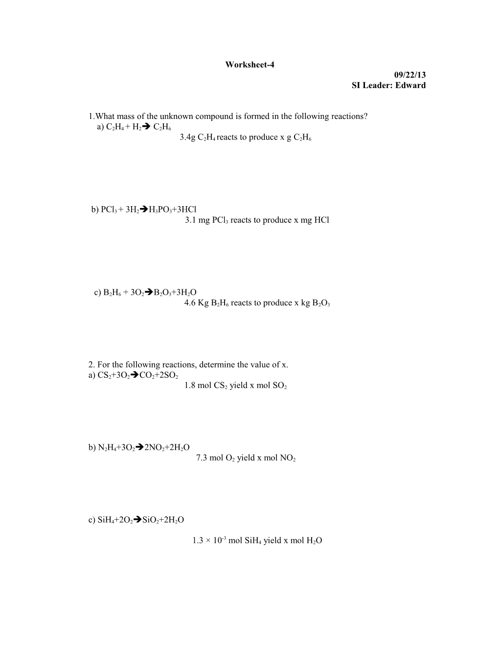 1.What Mass of the Unknown Compound Is Formed in the Following Reactions?