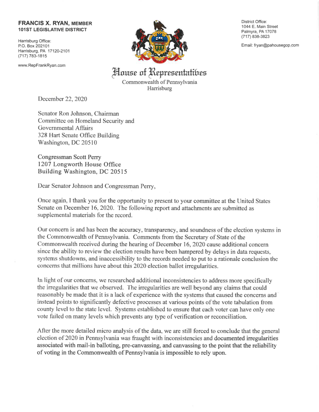 Letter to Sen. Ron Johnson, Chairman of the U.S