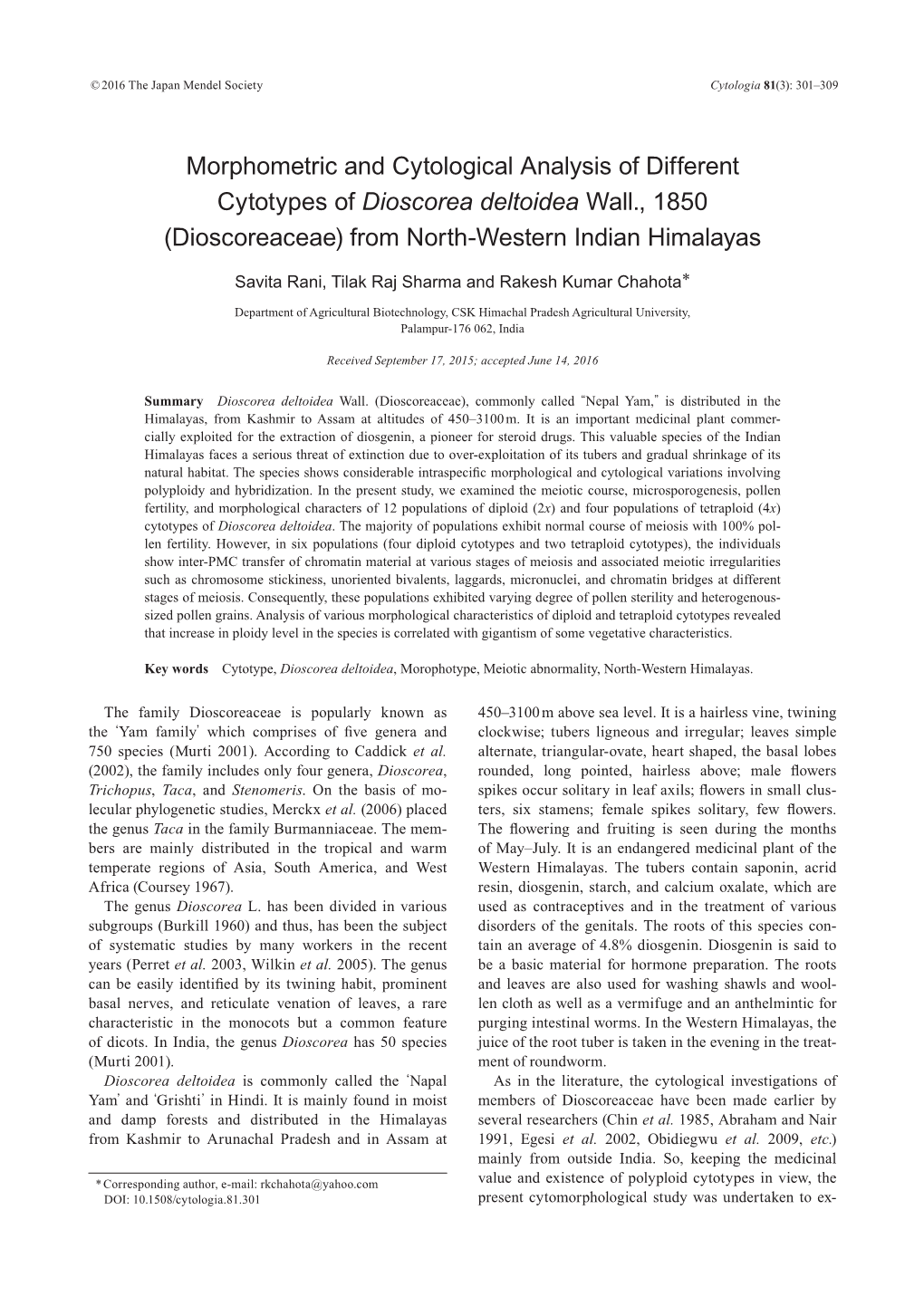 Morphometric and Cytological Analysis of Different Cytotypes of Dioscorea Deltoidea Wall., 1850 (Dioscoreaceae) from North-Western Indian Himalayas