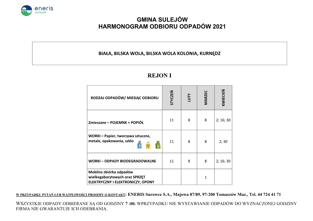 Gmina Sulejów Harmonogram Odbioru Odpadów 2021