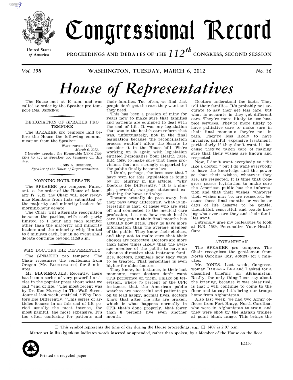 Congressional Record United States Th of America PROCEEDINGS and DEBATES of the 112 CONGRESS, SECOND SESSION