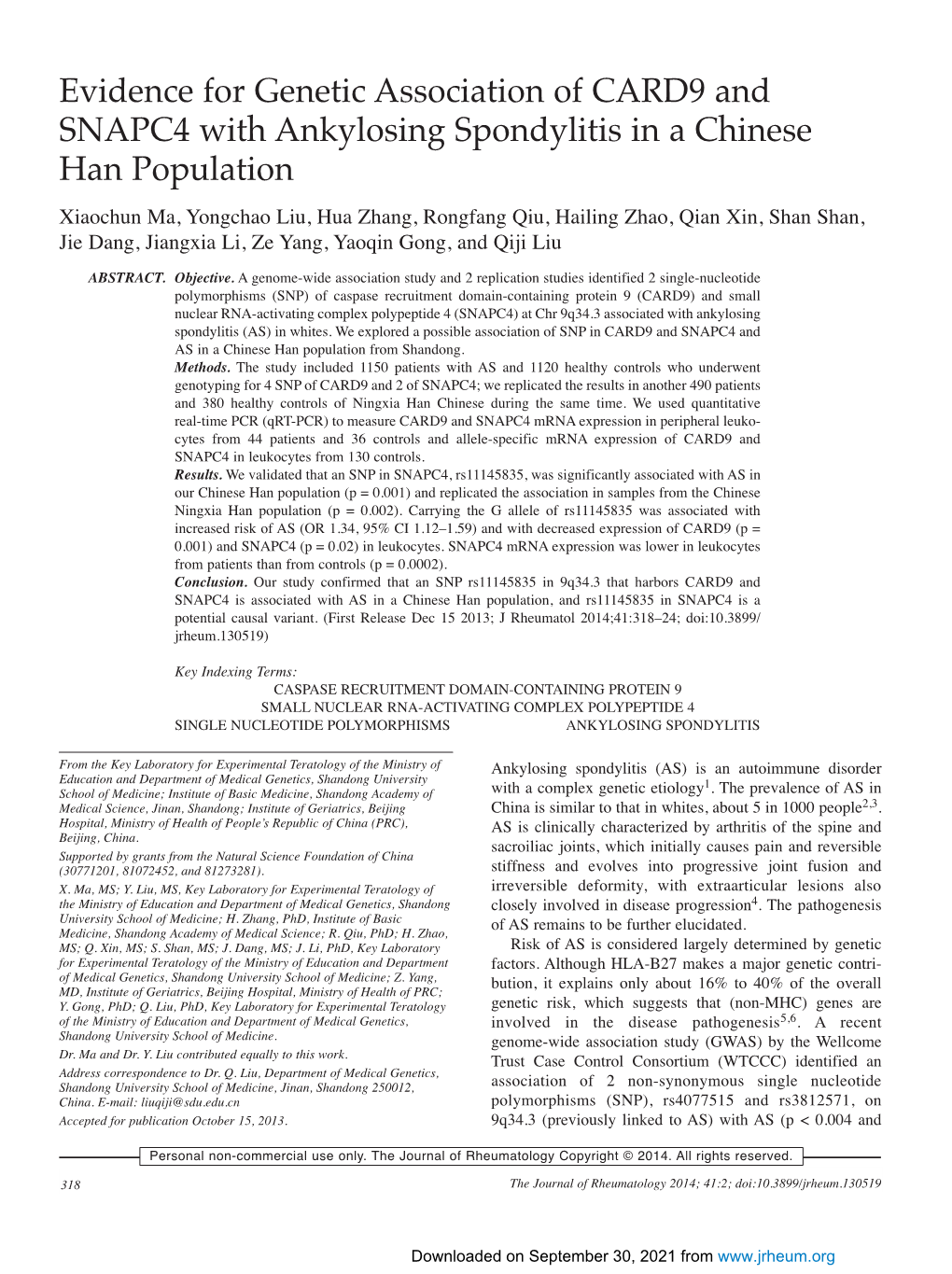 Evidence for Genetic Association of CARD9 and SNAPC4 with Ankylosing Spondylitis in a Chinese Han Population