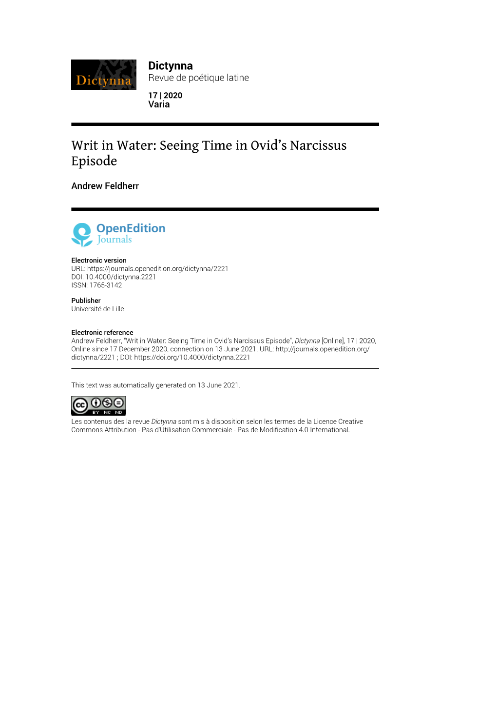 Dictynna, 17 | 2020 Writ in Water: Seeing Time in Ovid’S Narcissus Episode 2