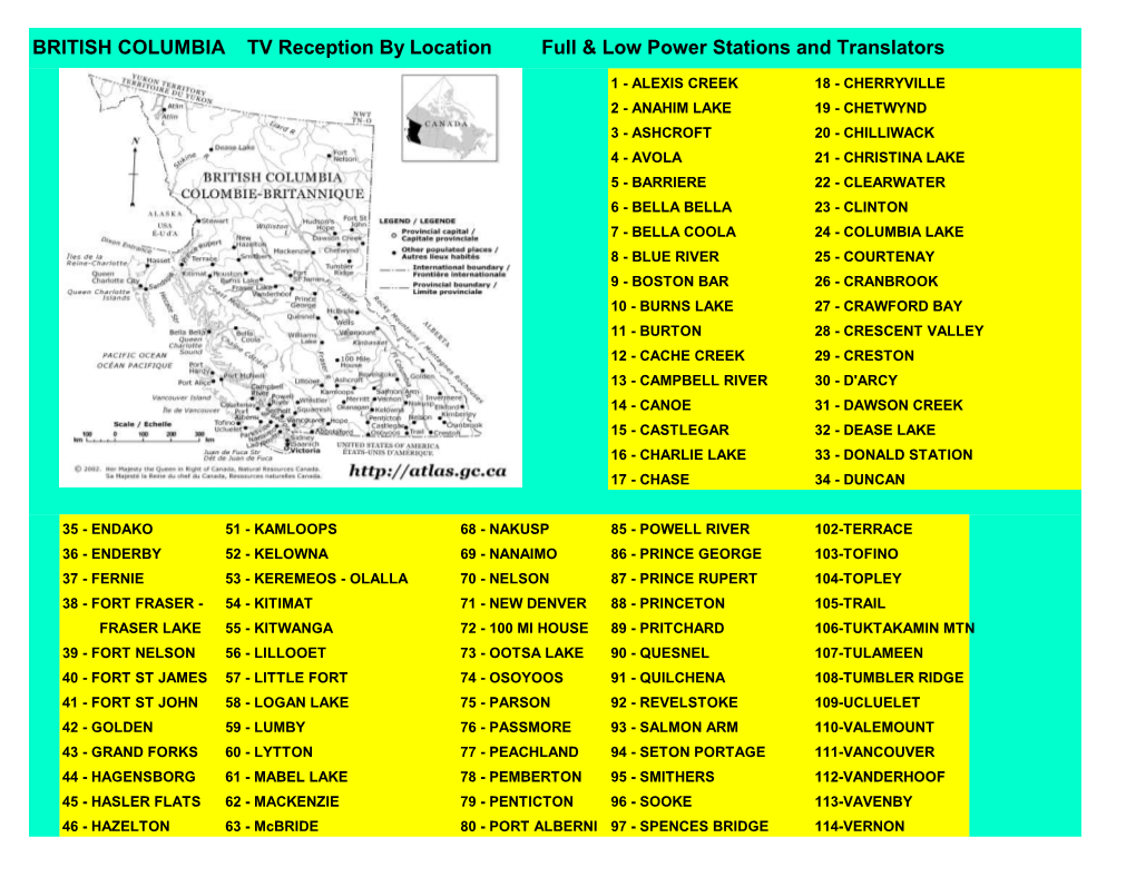 BRITISH COLUMBIA TV Reception by Location Full & Low Power Stations and Translators