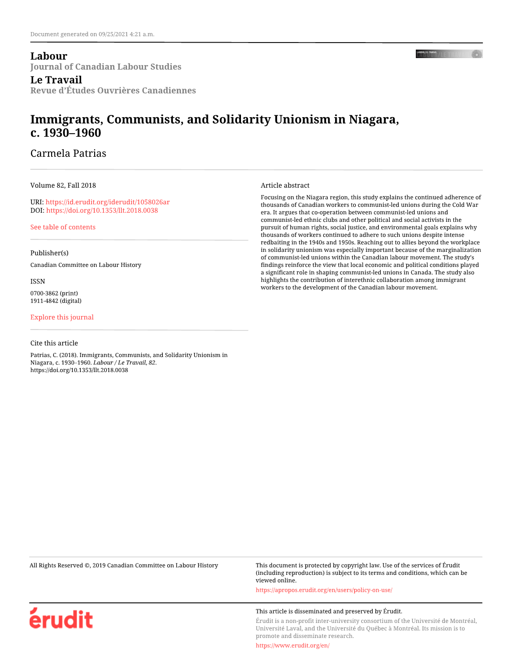 Immigrants, Communists, and Solidarity Unionism in Niagara, C