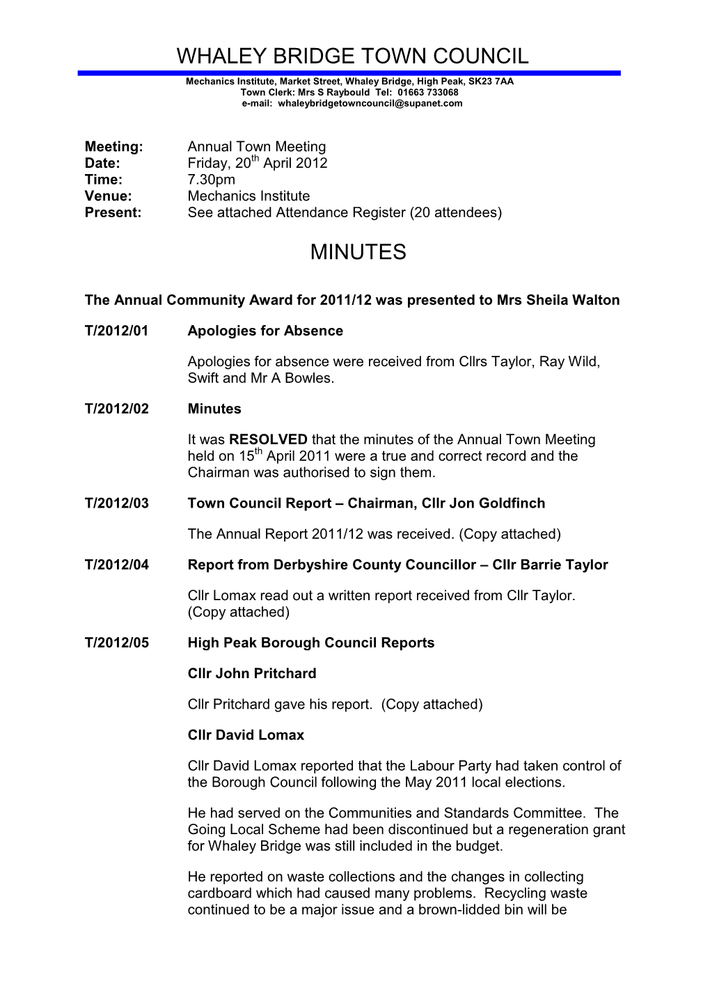 Whaley Bridge Town Council Minutes