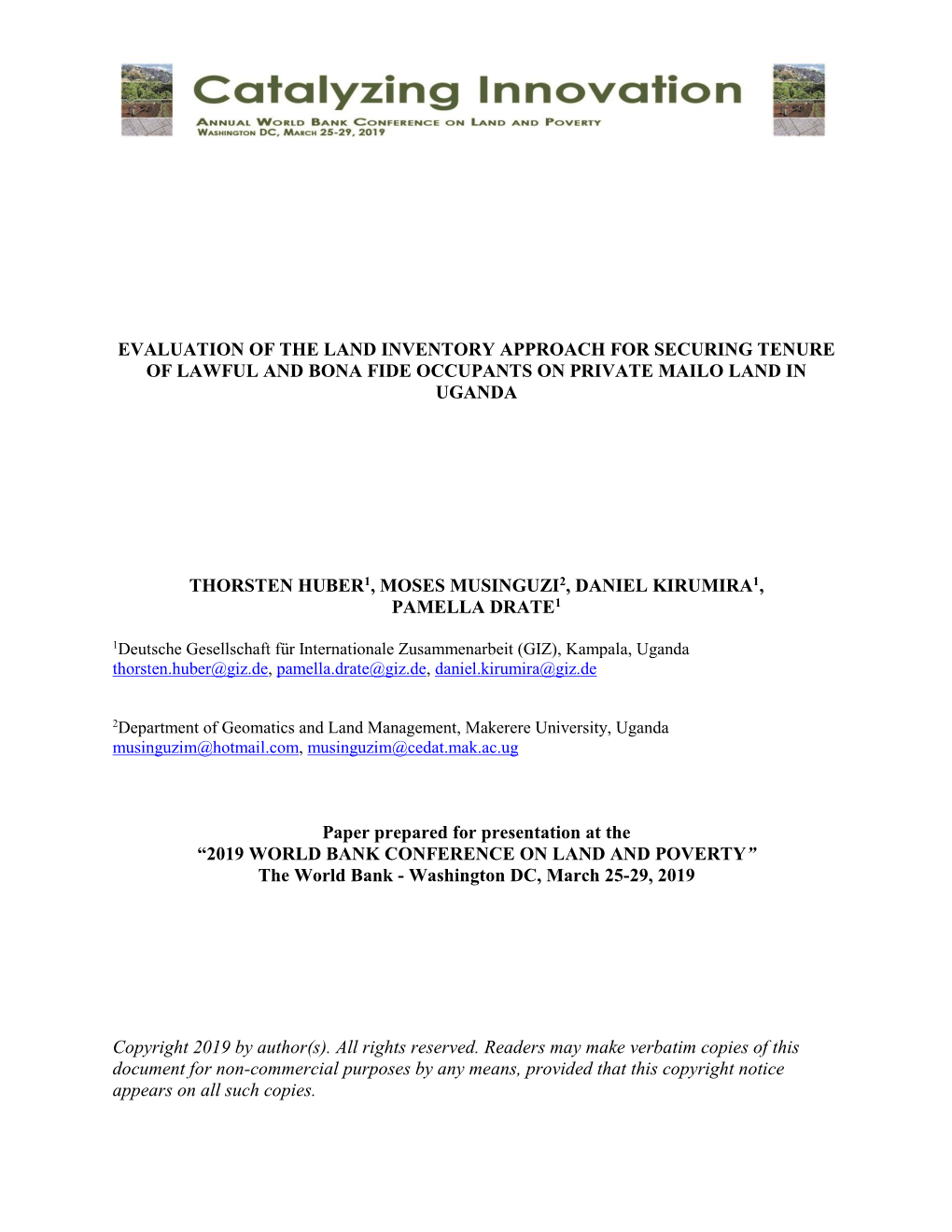 Evaluation of the Land Inventory Approach for Securing Tenure of Lawful and Bona Fide Occupants on Private Mailo Land in Uganda