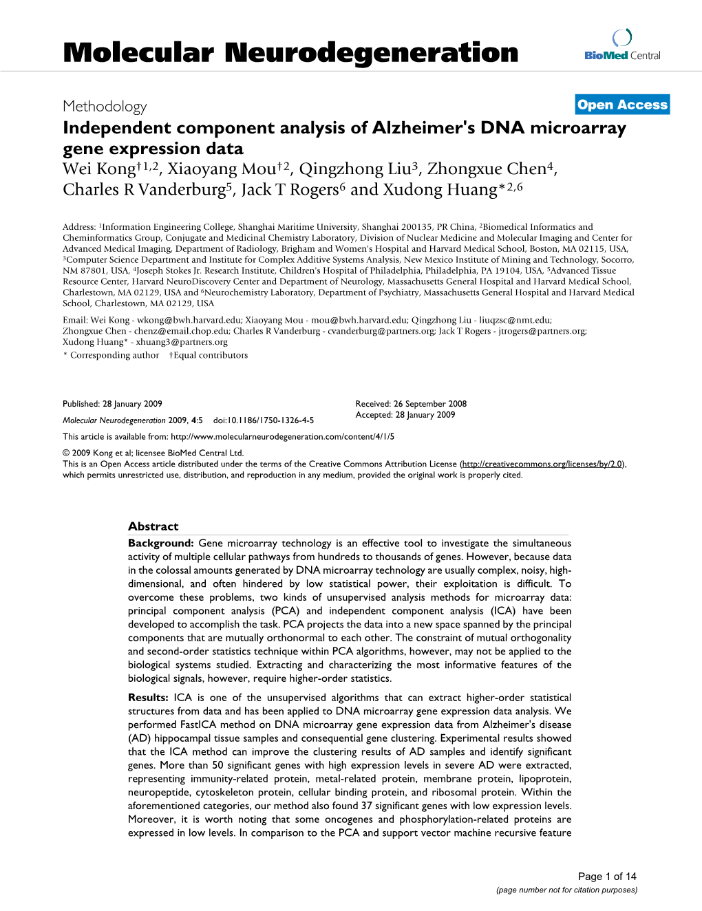 Independent Component Analysis of Alzheimer's DNA Microarray Gene