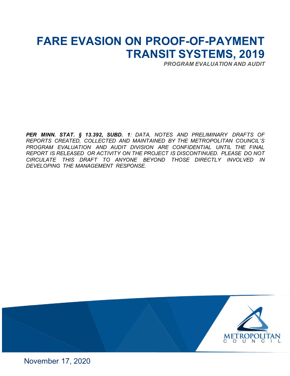 Fare Evasion on Proof-Of-Payment Transit Systems 2019 Audit