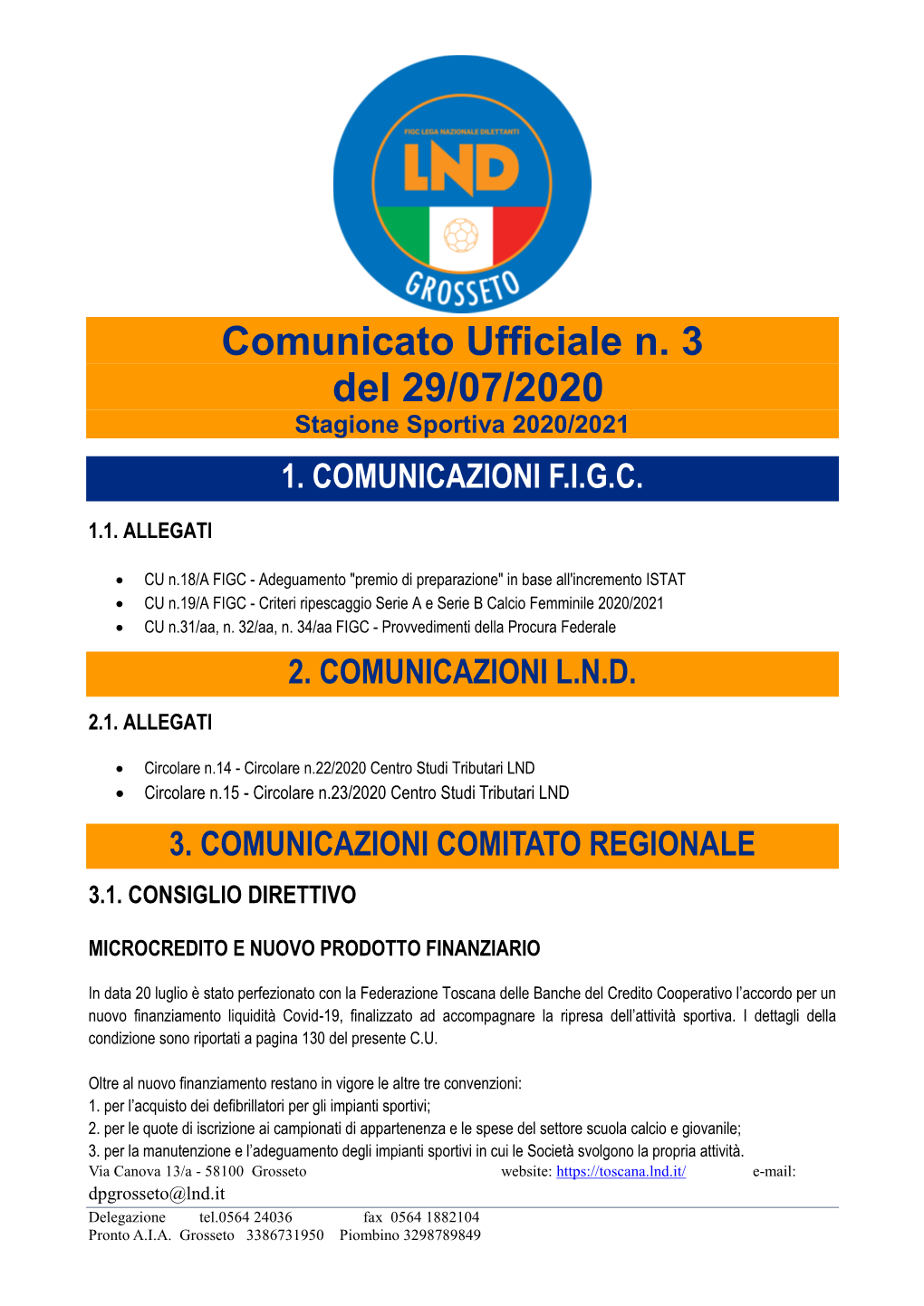 Comunicato Ufficiale N. 3 Del 29/07/2020 Stagione Sportiva 2020/2021