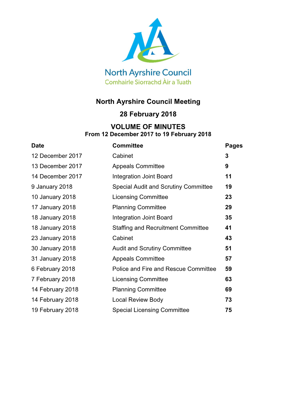 North Ayrshire Council Meeting 28 February 2018 VOLUME OF