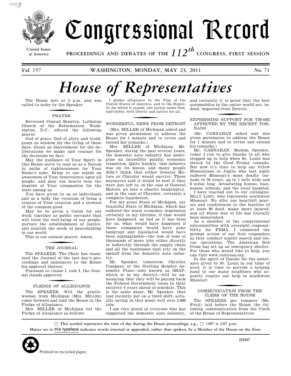 Congressional Record United States Th of America PROCEEDINGS and DEBATES of the 112 CONGRESS, FIRST SESSION