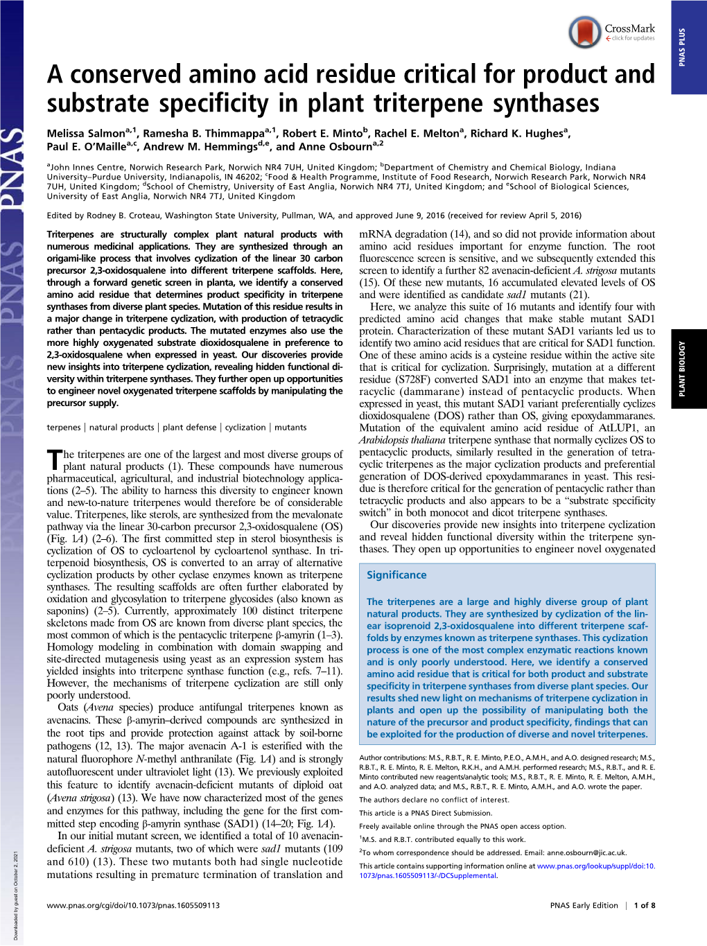 A Conserved Amino Acid Residue Critical for Product and Substrate Specificity in Plant Triterpene Synthases