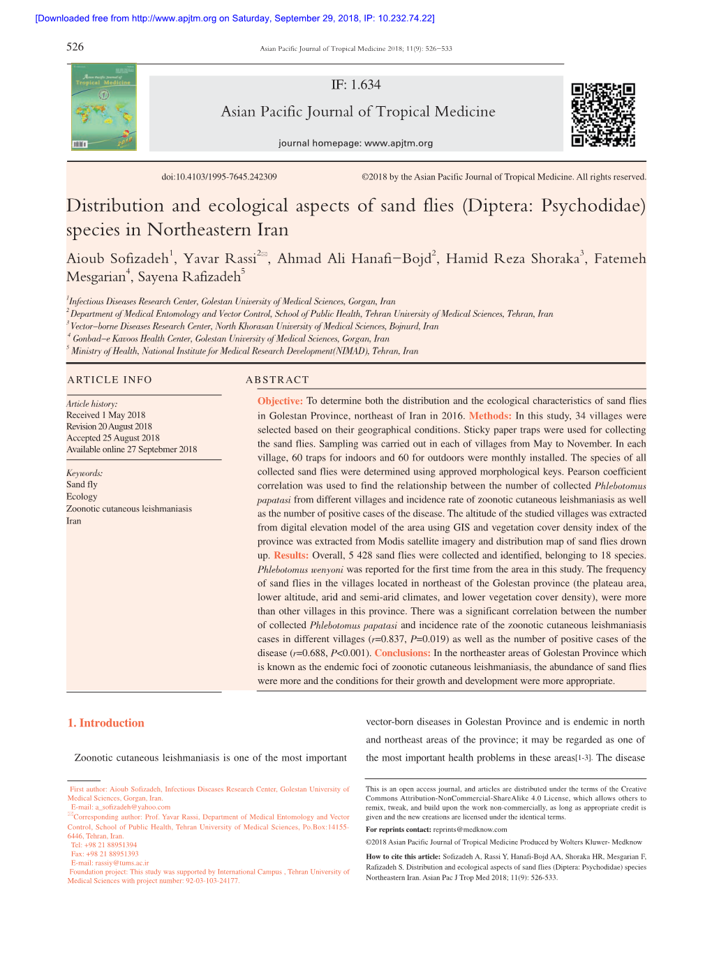 Distribution and Ecological Aspects of Sand Flies (Diptera: Psychodidae