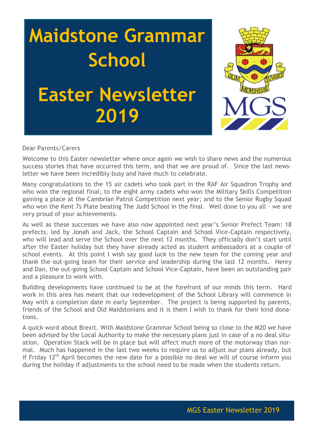 Maidstone Grammar School Easter Newsletter 2019