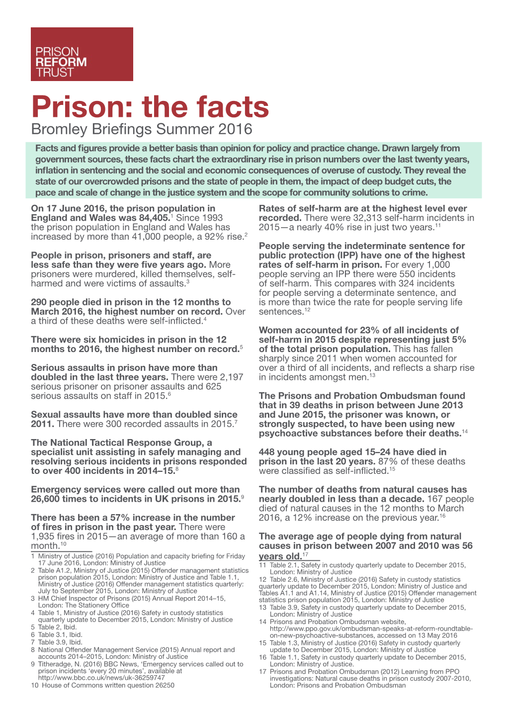 Prison: the Facts Bromley Briefings Summer 2016 Facts and Figures Provide a Better Basis Than Opinion for Policy and Practice Change