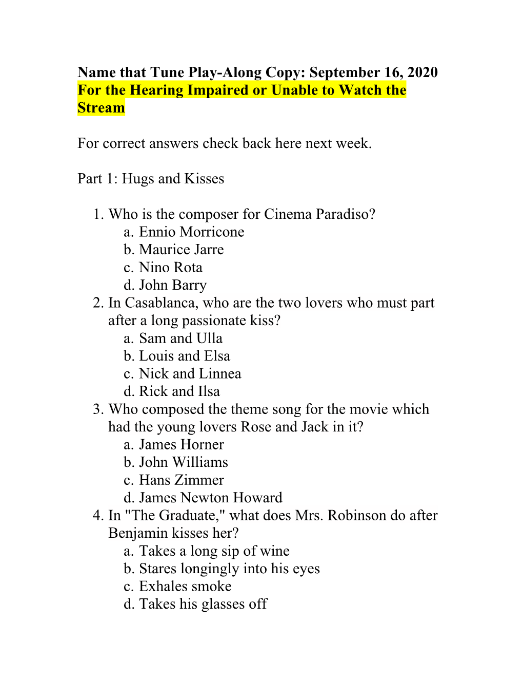 September 16, 2020 for the Hearing Impaired Or Unable to Watch the Stream for Correct Answers Ch