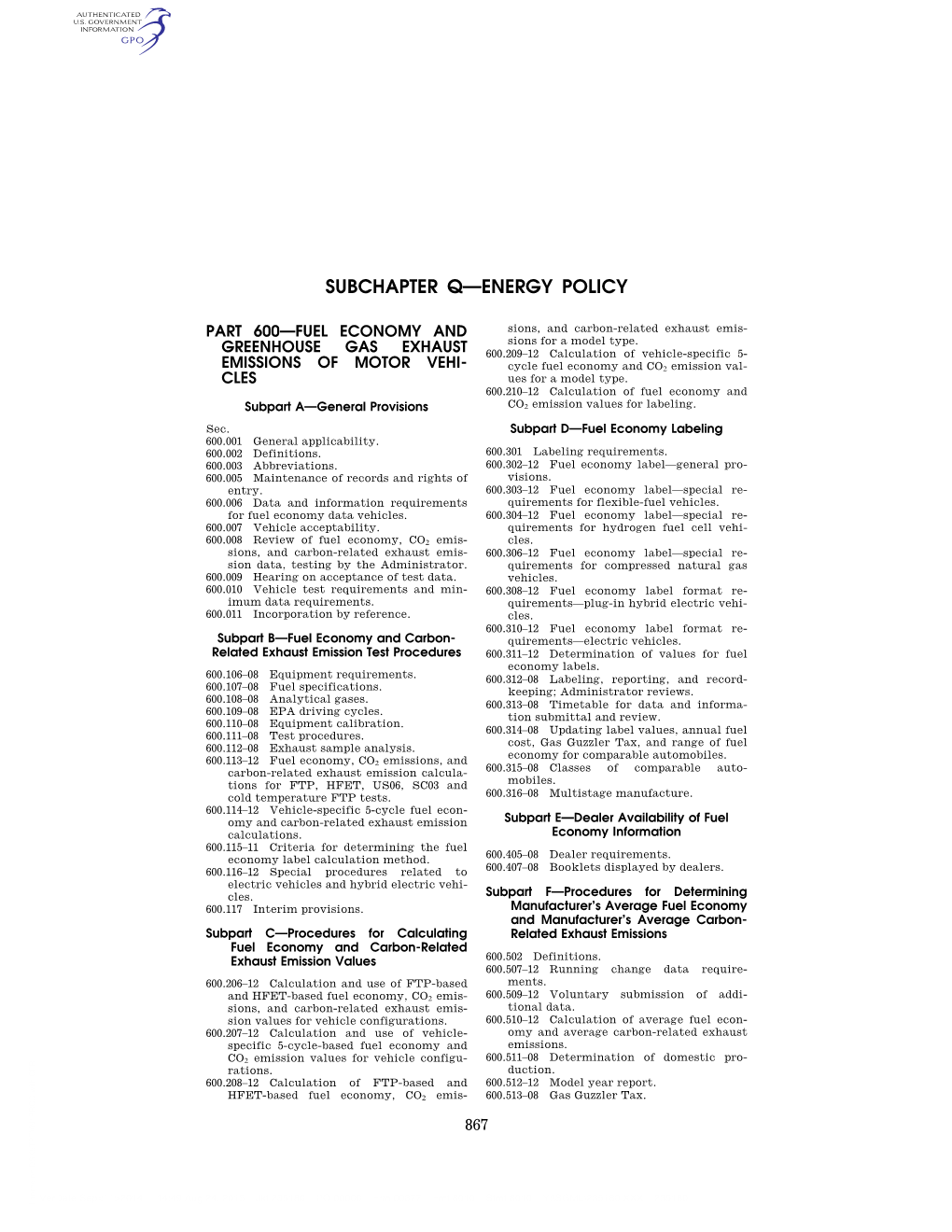 40 CFR 600 Fuel Economy and Greenhouse