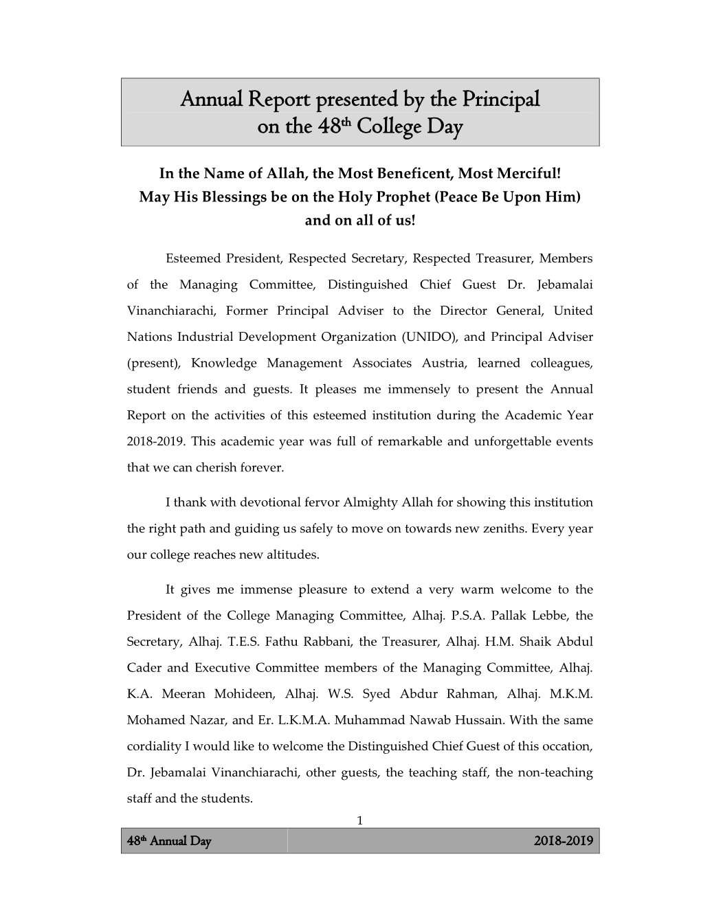 Annual Report Presented by the Principal on the 48Th College Day