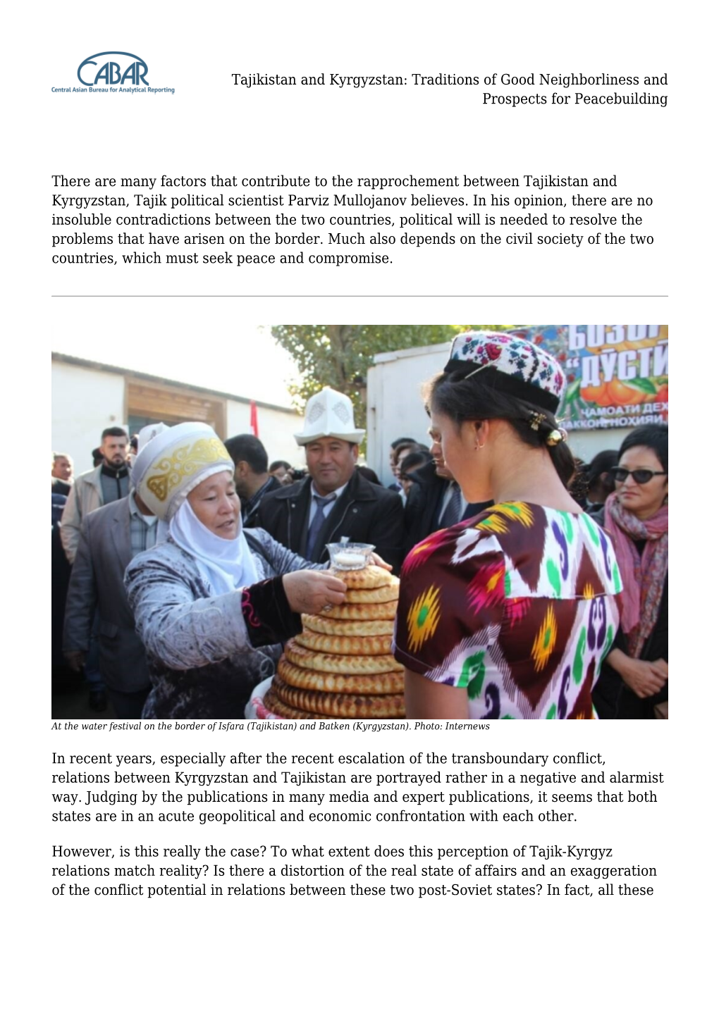 Tajikistan and Kyrgyzstan: Traditions of Good Neighborliness and Prospects for Peacebuilding