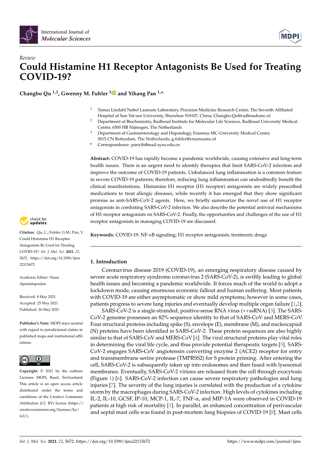 Could Histamine H1 Receptor Antagonists Be Used for Treating COVID-19?