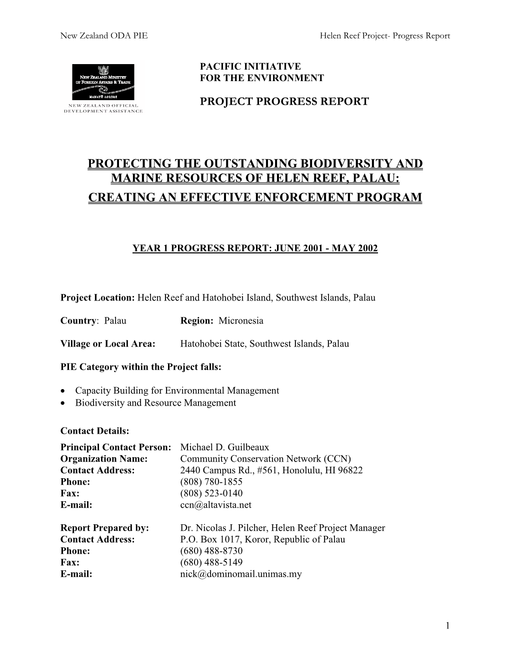 New Zealand ODA Helen Reef Progress Report