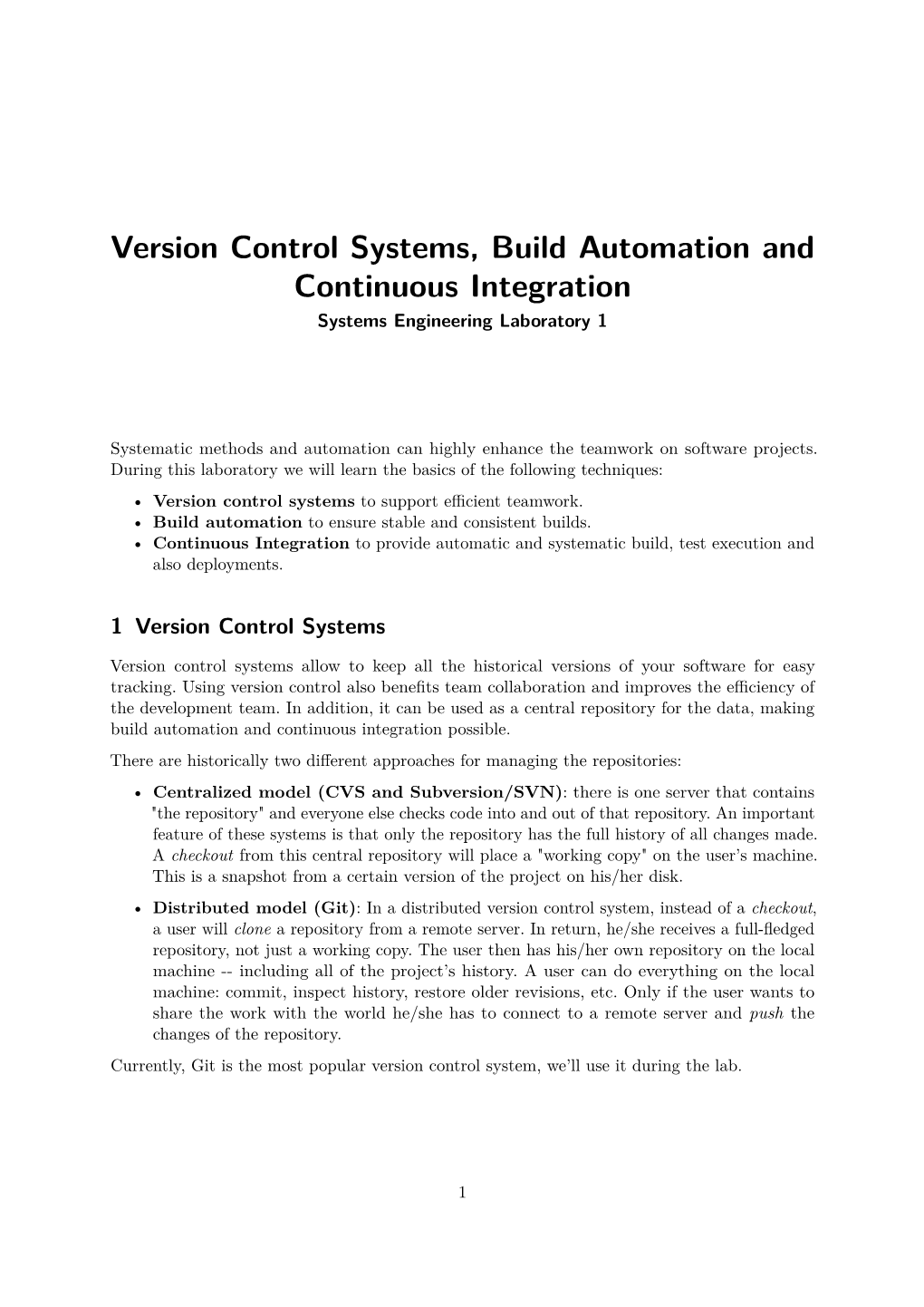 Version Control Systems, Build Automation and Continuous Integration Systems Engineering Laboratory 1