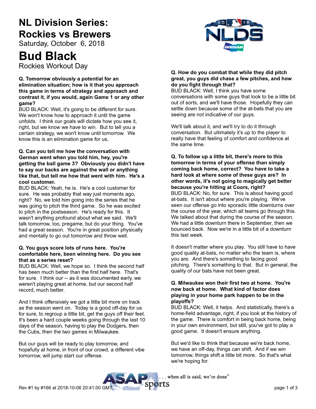 Bud Black Rockies Workout Day Q