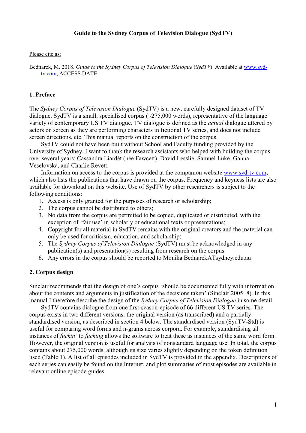 1 Guide to the Sydney Corpus of Television Dialogue (Sydtv) 1. Preface the Sydney Corpus of Television Dialogue (Sydtv) Is A