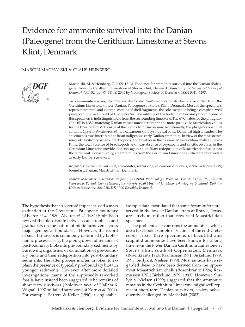 Evidence for Ammonite Survival Into the Danian (Paleogene) from the Cerithium Limestone at Stevns Klint, Denmark